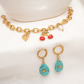 Turquoise Sol Drops and Cherry Whimsy Charm Bracelet