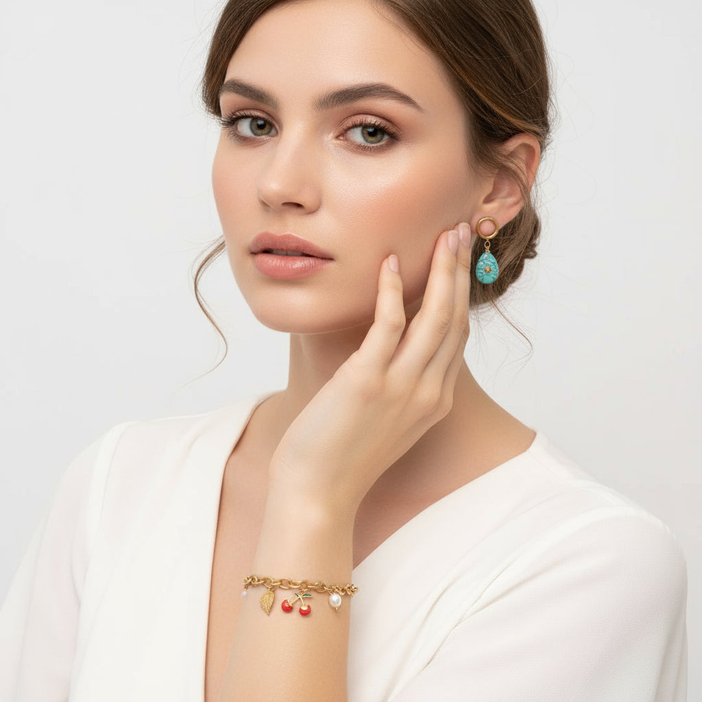 Turquoise Sol Drops and Cherry Whimsy Charm Bracelet