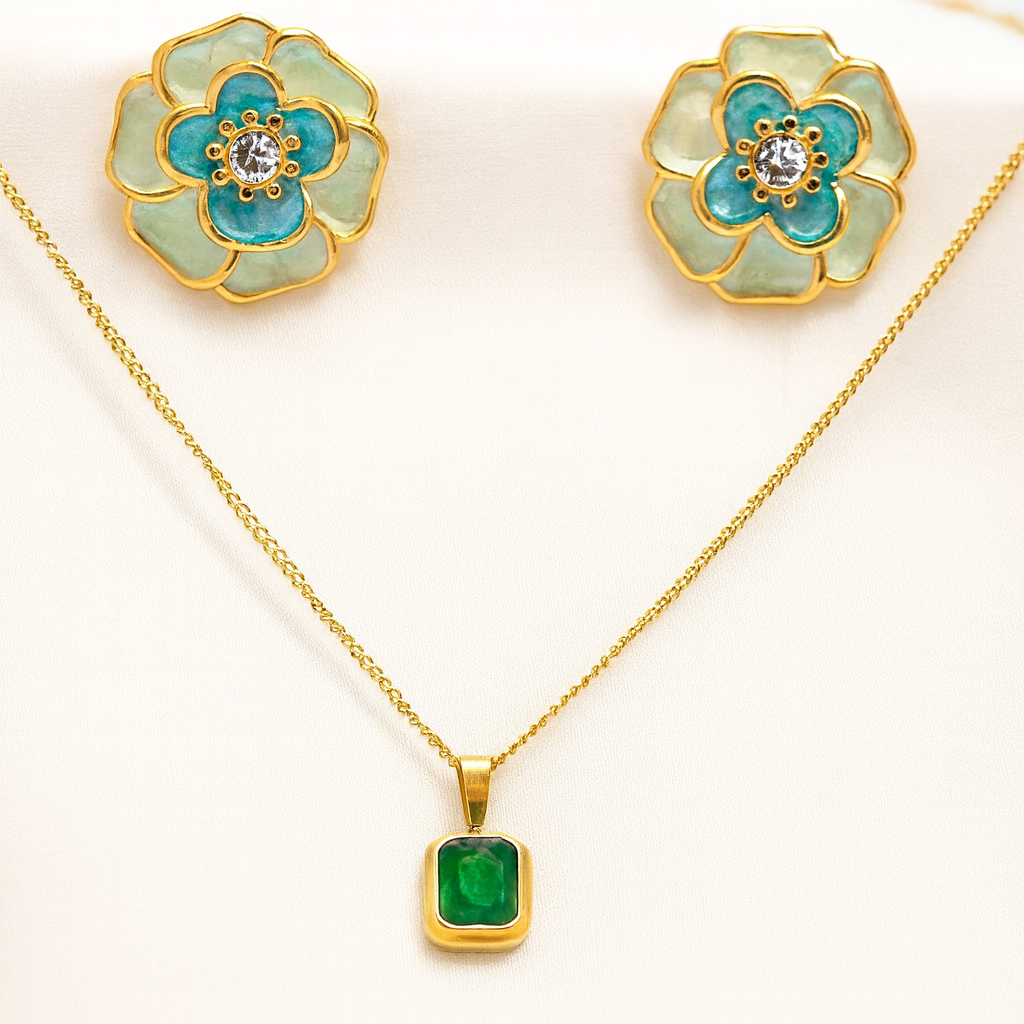 Ocean Bloom Studs and Emerald Cut Pendant set