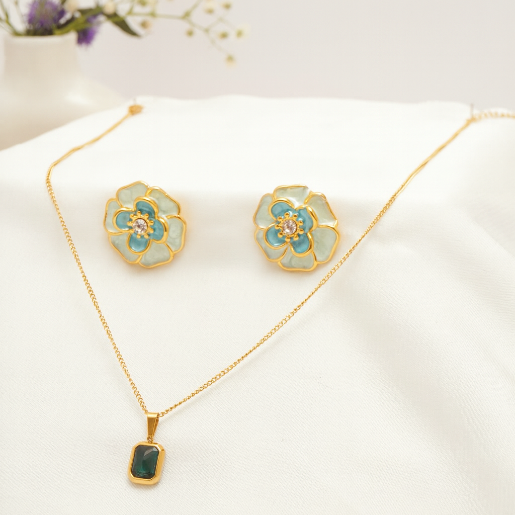 Ocean Bloom Studs and Emerald Cut Pendant set