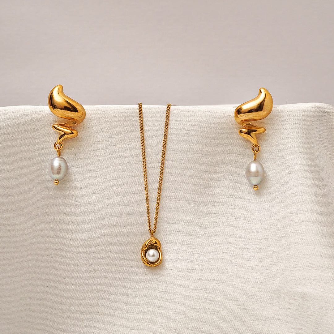 Molten Pearl Drape earring and Classic Pearl Halo Pendant set