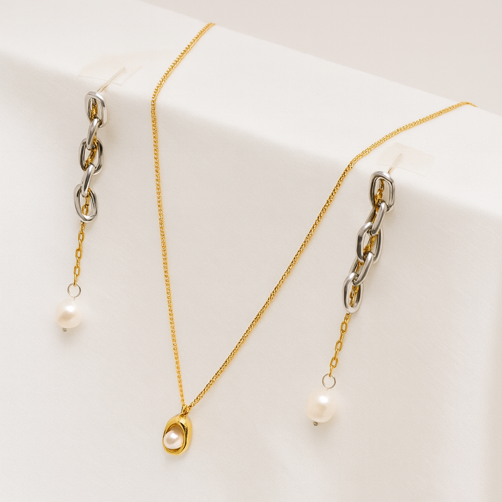 Golden Drift Chain and Classic Halo Pendant Pearl set