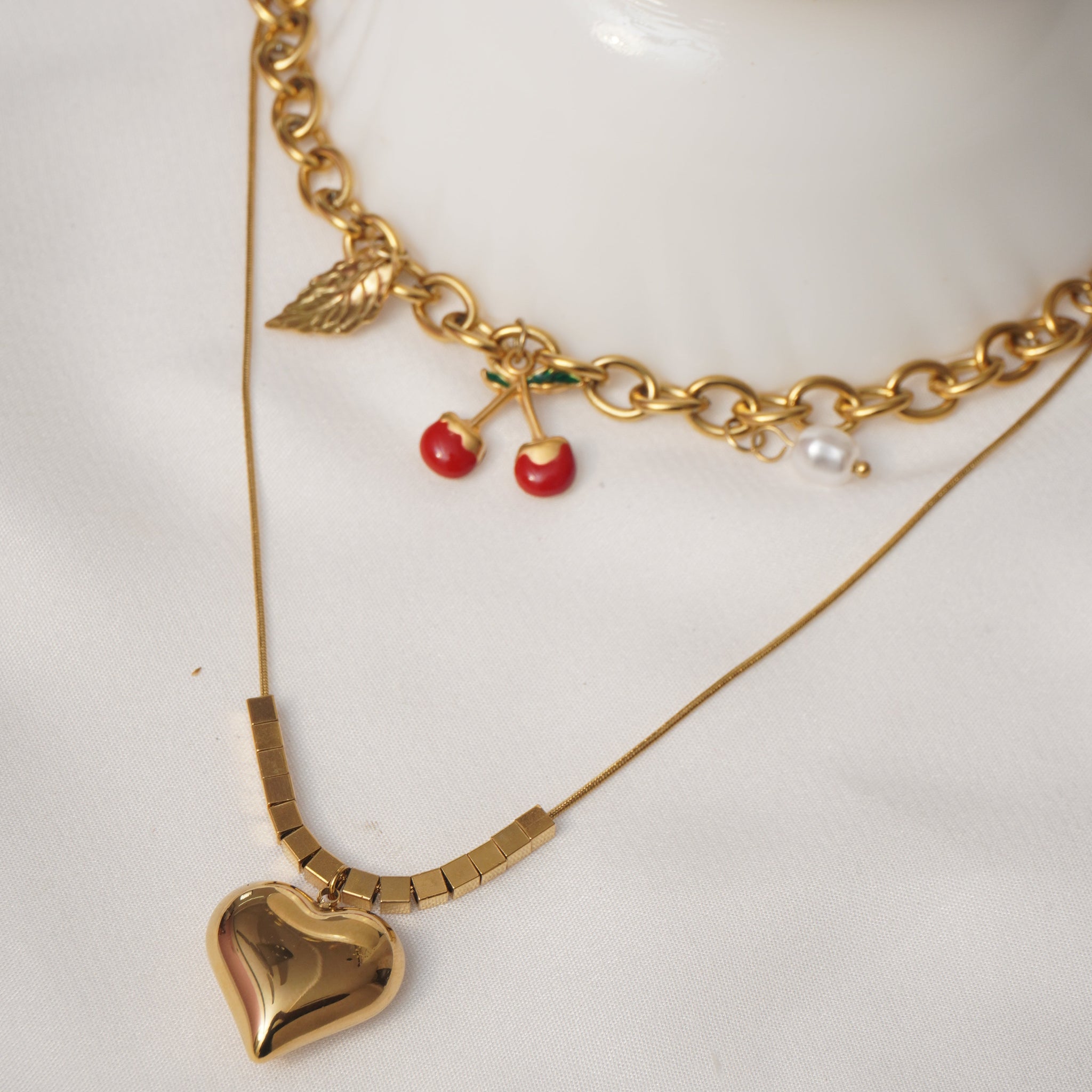 Golden Love Lock Pendant and Cherry Whimsy Pendant Set
