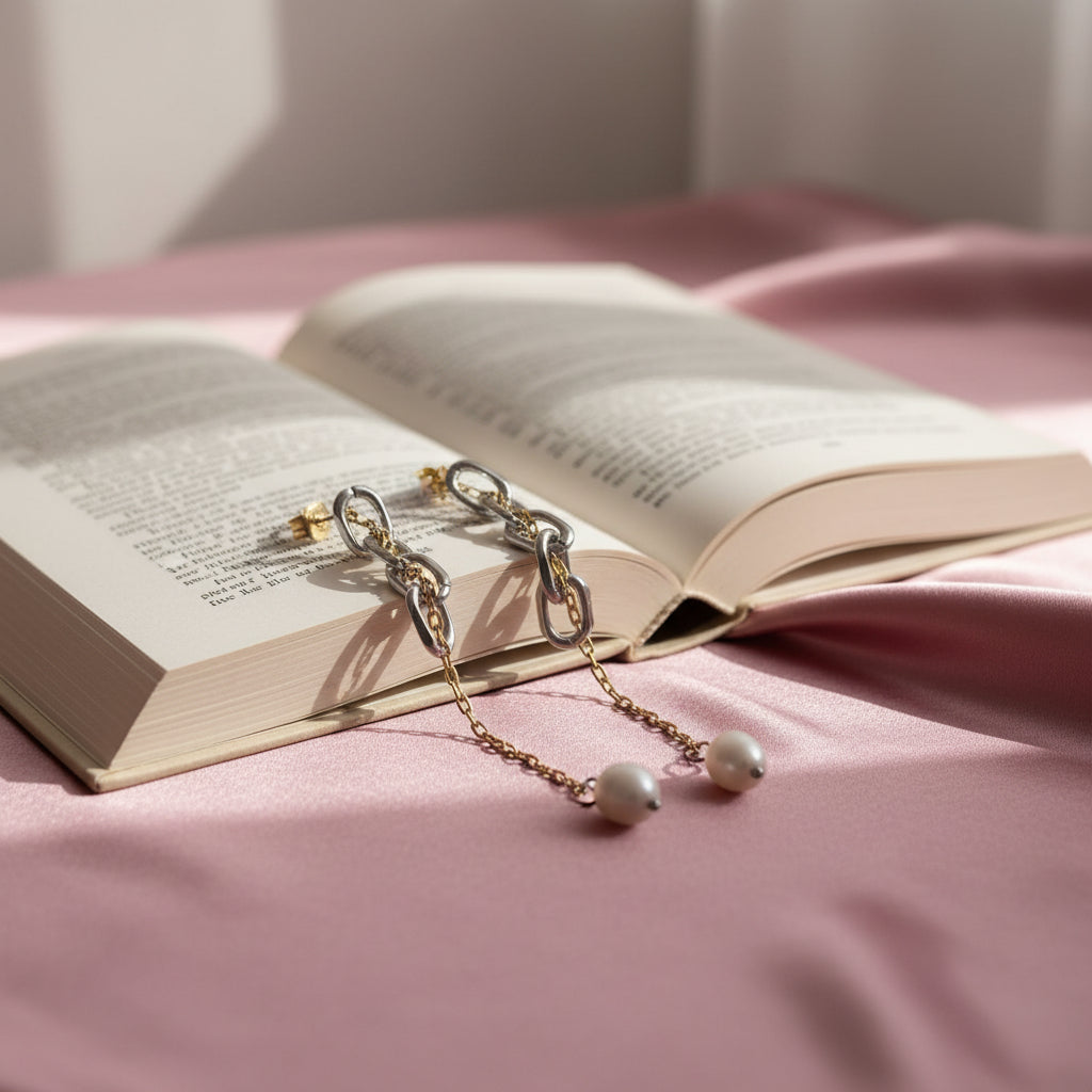 gold chain pearl statement earrings