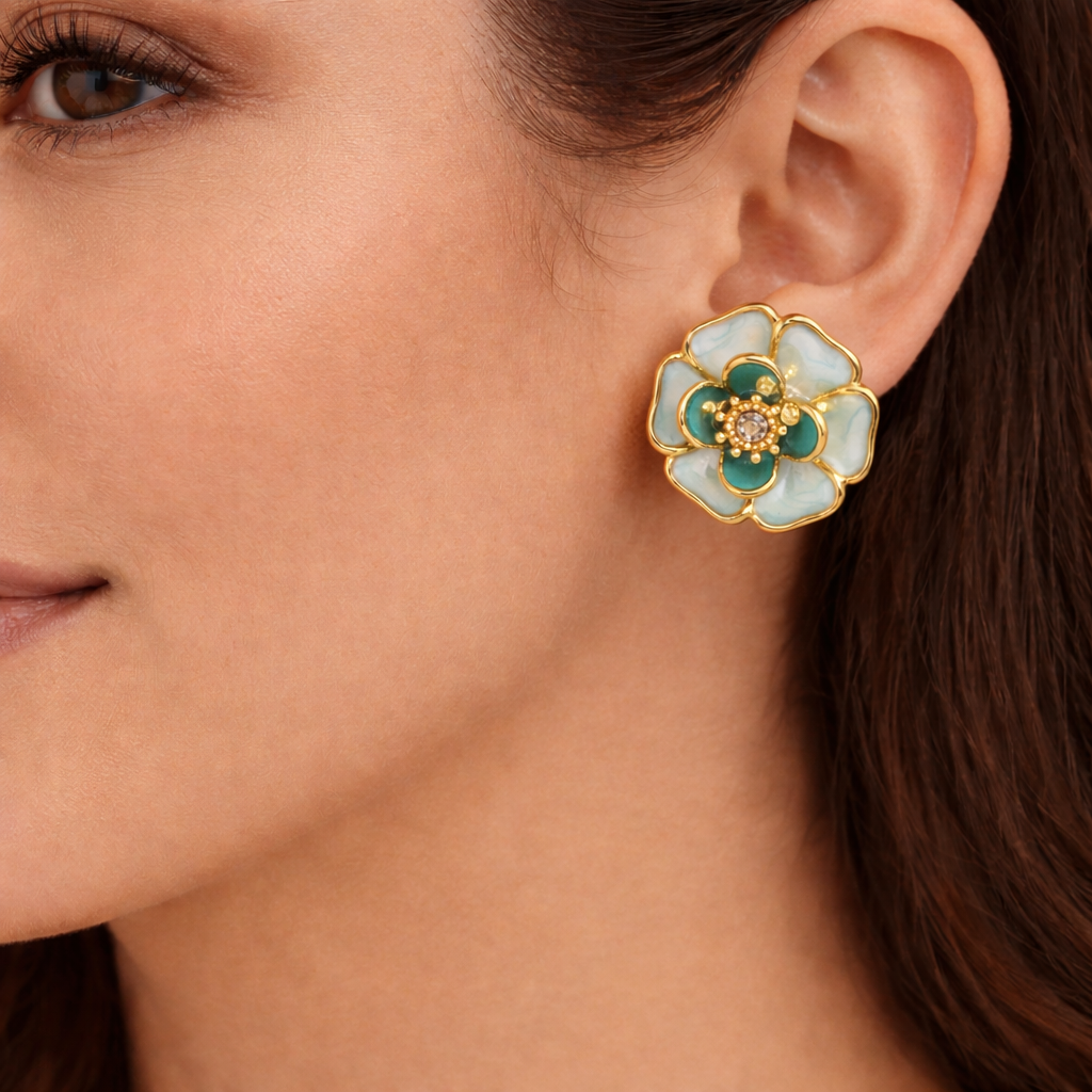 Floral earrings with gold and teal design 